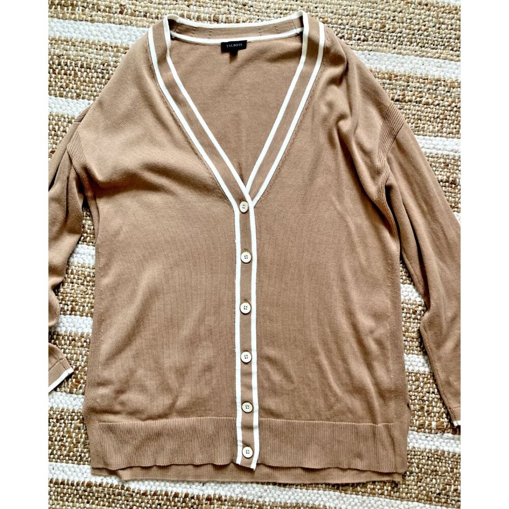 Talbots Cardigan Sweater Tan Camel / White Tipped Classic Varsity Style M